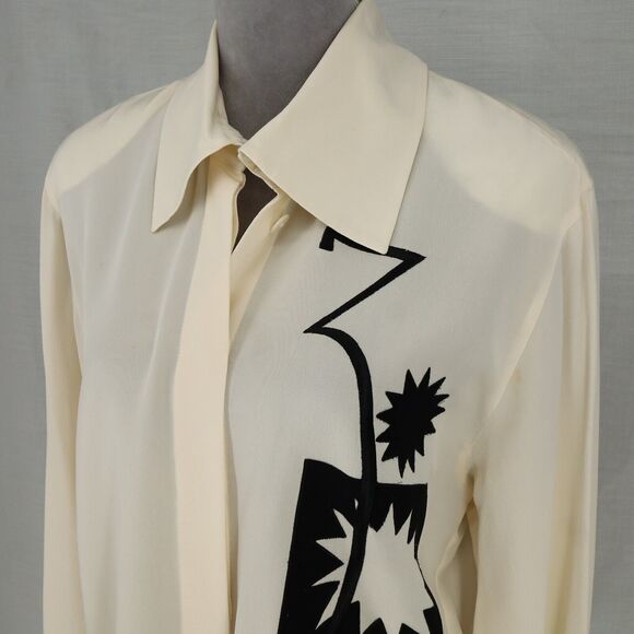 Laurel Escada Top Womens 6 Ivory Silk Blouse Embroidered Shoulder Pads Vintage - Picture 15 of 16